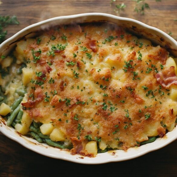 Deftiger Kartoffel-Bohnen-Auflauf mit Speck Goldgebackener Kartoffel-Bohnen-Auflauf mit Speck und geschmolzenem Emmentaler in einer Auflaufform, bestreut mit frischer Petersilie