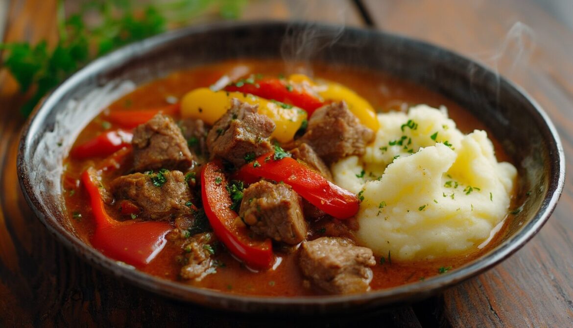 Deftiges Schweinegulasch mit roter und gelber Paprika in cremiger Sauce, daneben cremiger Kartoffelstampf, garniert mit frischer Petersilie