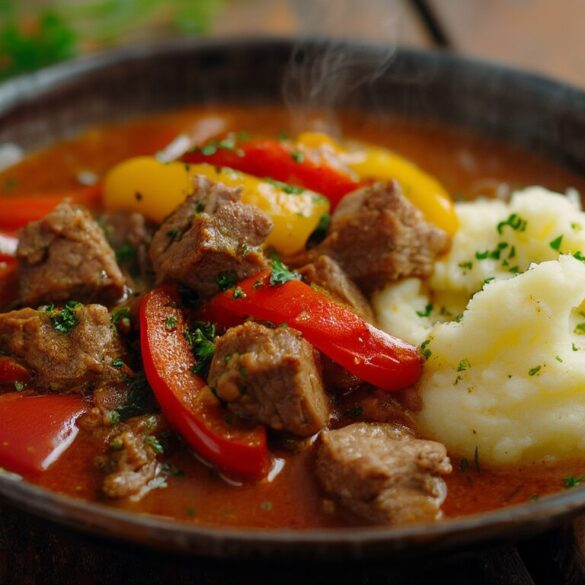 Deftiger Schweinegulasch mit Paprika und cremigem Kartoffelstampf Deftiges Schweinegulasch mit roter und gelber Paprika in cremiger Sauce, daneben cremiger Kartoffelstampf, garniert mit frischer Petersilie