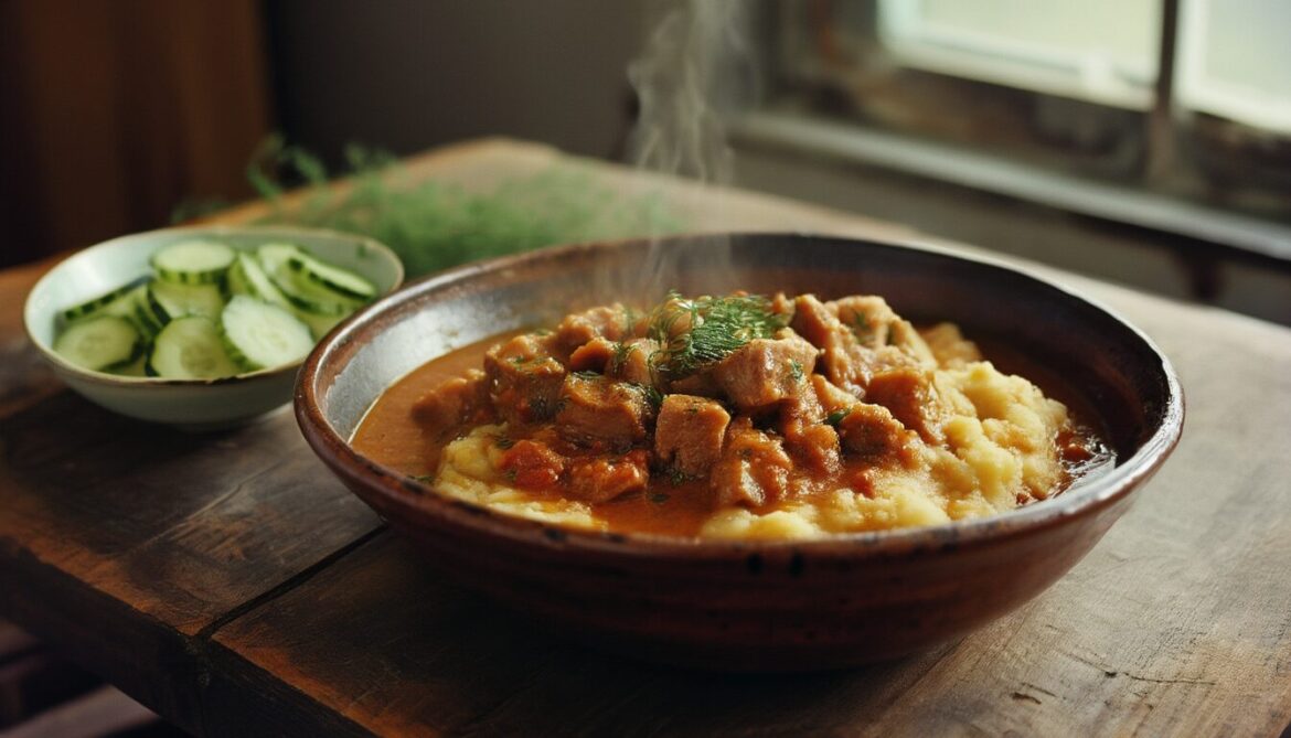Deftiger Schweinegulasch in cremiger Paprikasauce mit Rahmkartoffeln und frischem Gurkensalat auf rustikalem Holztisch