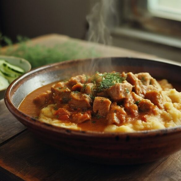 Deftiger Schweinegulasch mit Rahmkartoffeln und Gurkensalat Deftiger Schweinegulasch in cremiger Paprikasauce mit Rahmkartoffeln und frischem Gurkensalat auf rustikalem Holztisch