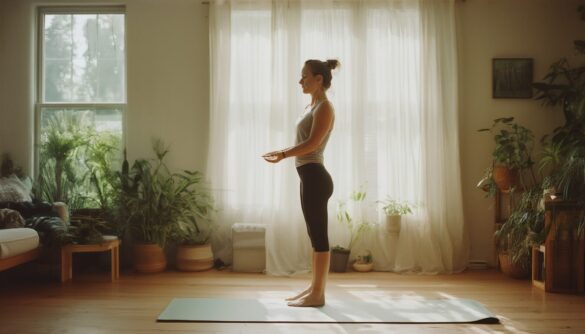 Frau in Sportkleidung dehnt die hintere Beinmuskulatur auf einer Yogamatte im hellen Wohnzimmer