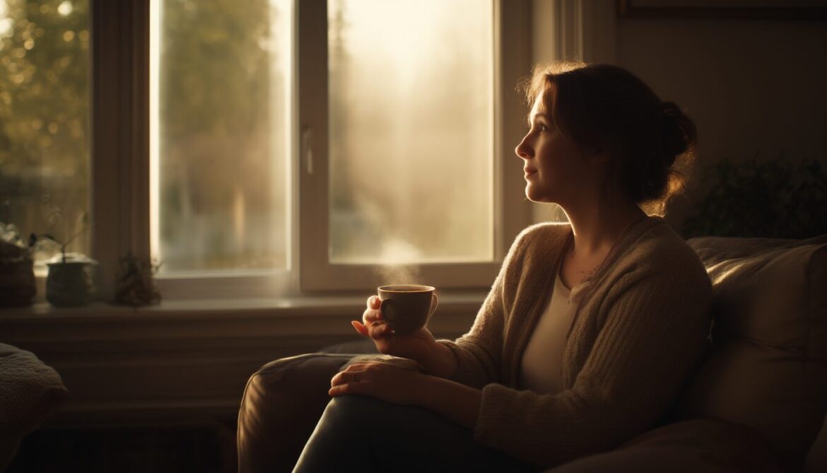 Nachdenkliche Frau sitzt mit einer Tasse Tee am Fenster und blickt ruhig ins Morgenlicht nach einer Trennung