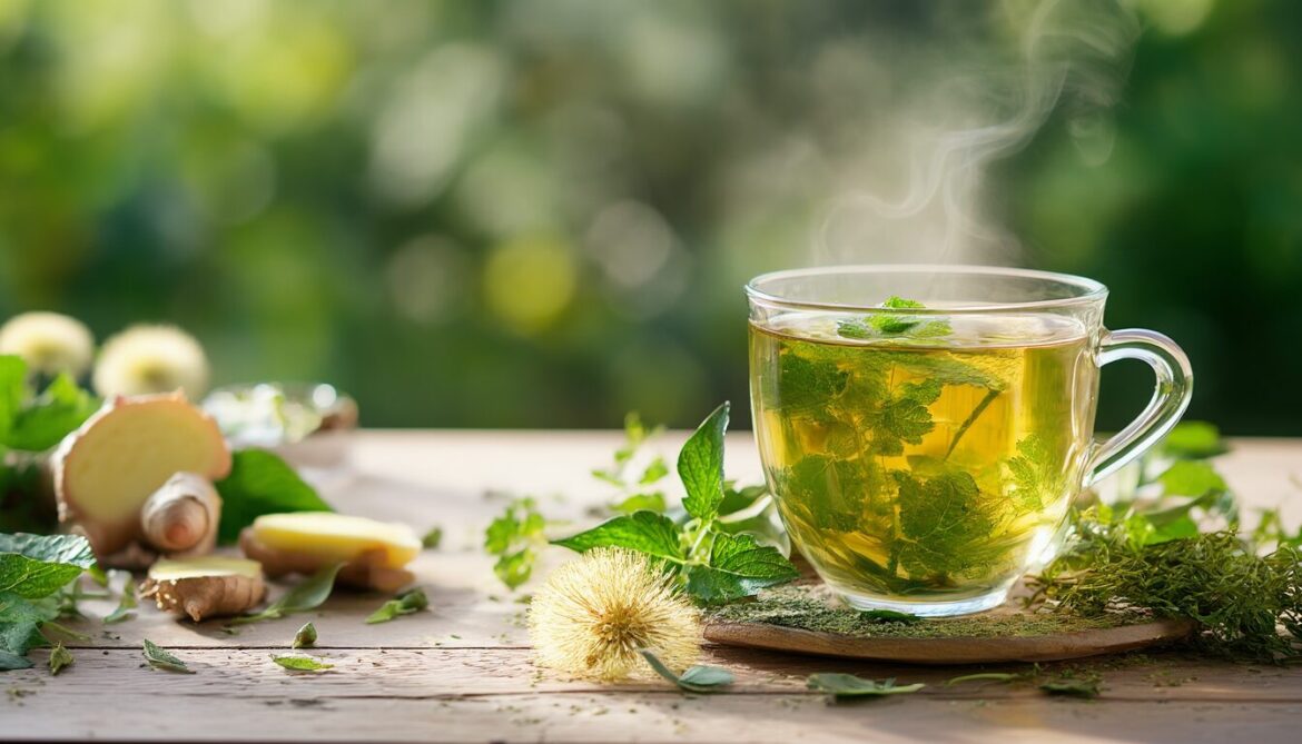 Glas Kräutertee mit frischer Brennnessel, Löwenzahn, Ingwer und grünem Tee auf hellem Holztisch