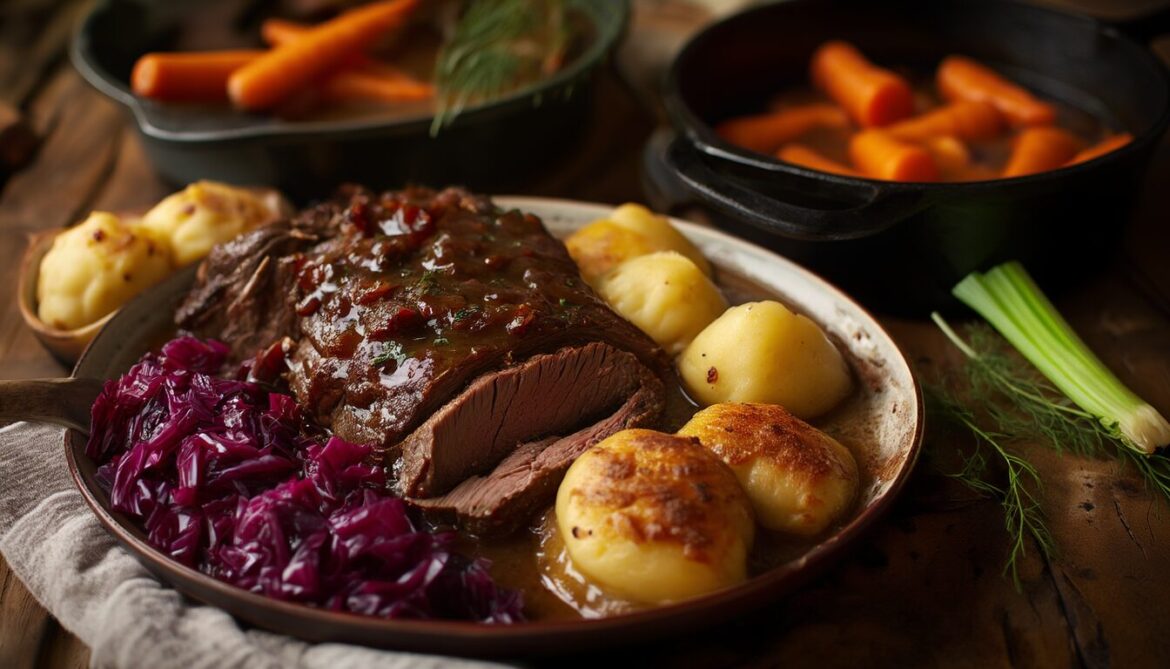 Aufgeschnittener deutscher Sauerbraten mit dunkler Sauce, Klößen und Rotkohl auf einem Teller