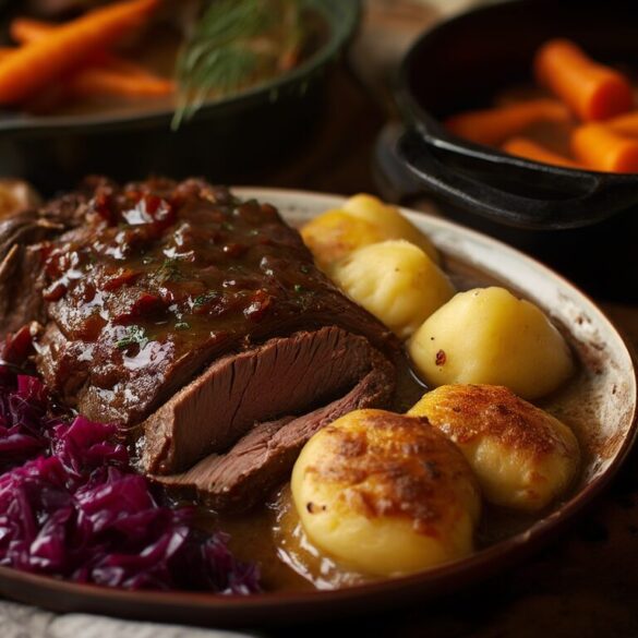 Deutscher Sauerbraten: Rezept mit Beize und süß-saurer Sauce Aufgeschnittener deutscher Sauerbraten mit dunkler Sauce, Klößen und Rotkohl auf einem Teller
