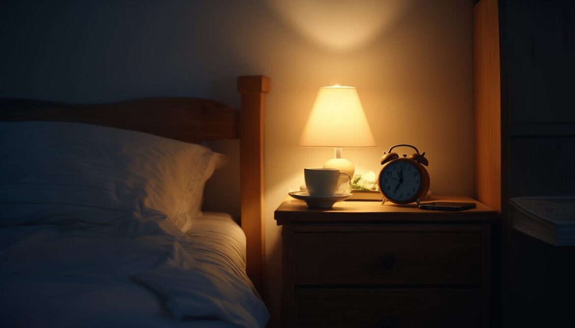 Nachttisch mit analogem Wecker, Buch und Kräutertee in einem warm beleuchteten Schlafzimmer am Abend