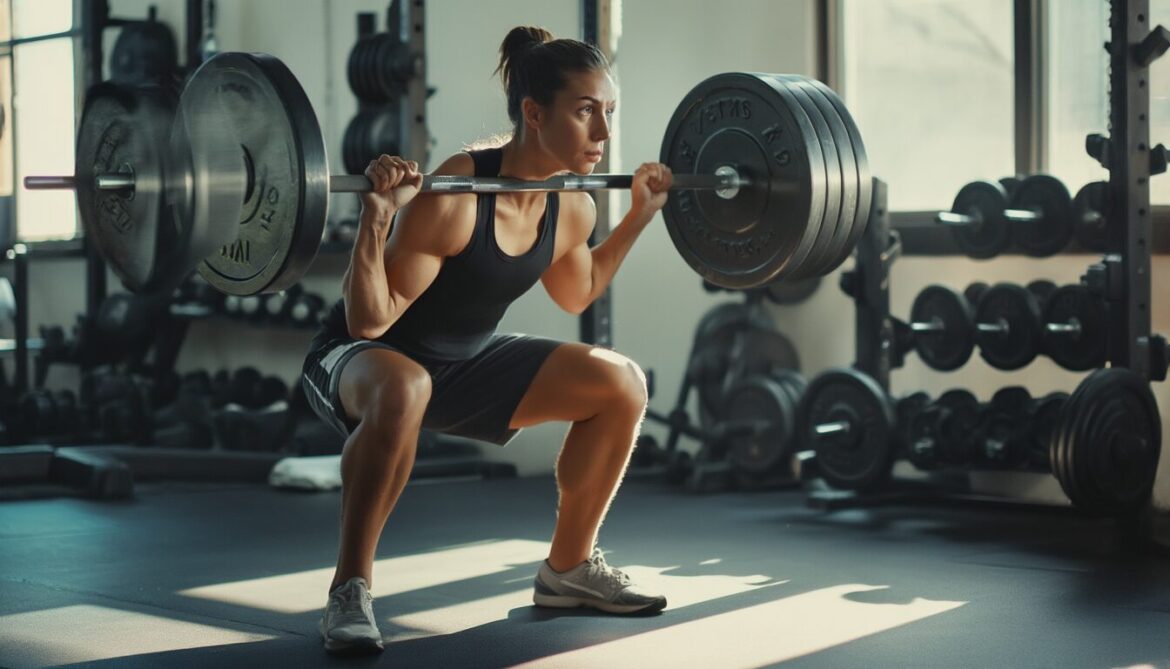 Person führt eine Langhantel-Kniebeuge mit sauberer Technik im Fitnessstudio aus