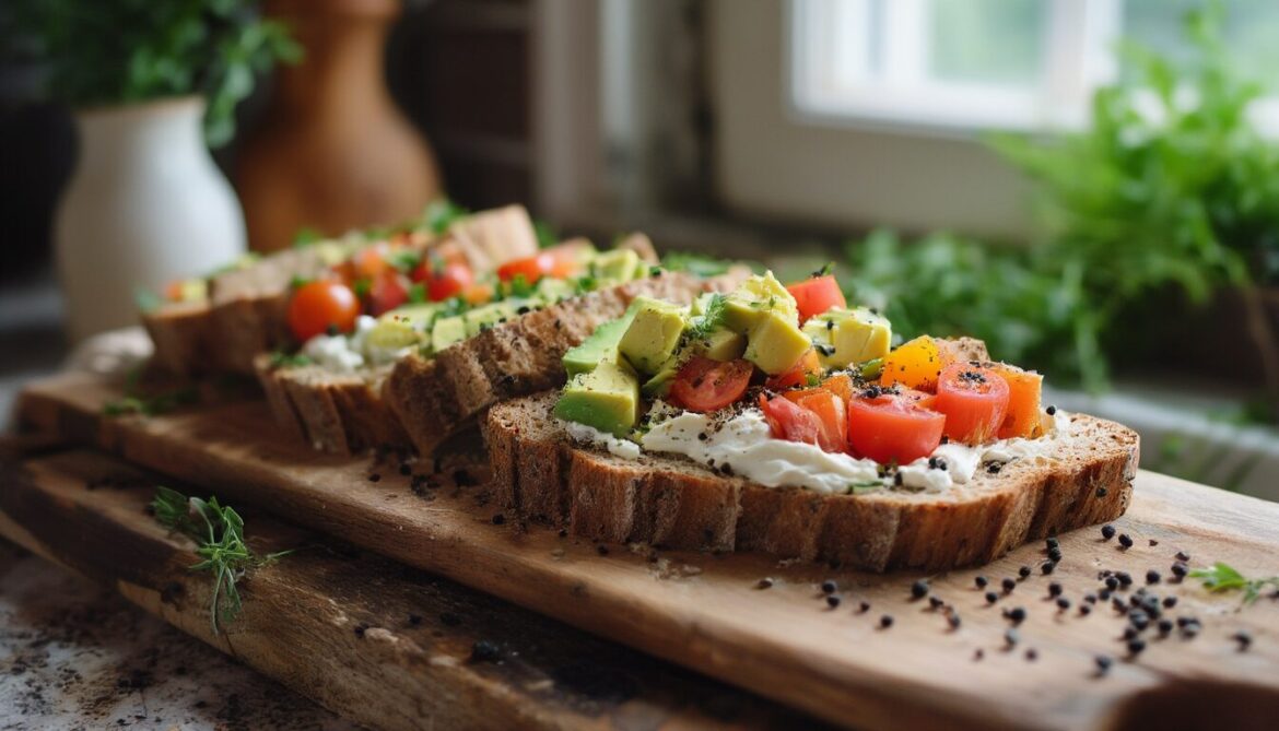 Aufgeschnittenes Dinkelbrot mit Frischkäse, Avocado und Tomaten auf einem Holzbrett