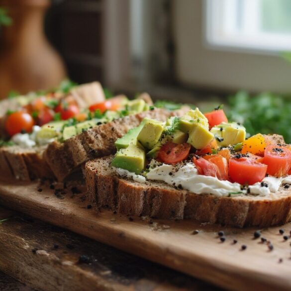 Dinkelbrot mit Frischkäse, Avocado und Tomaten – Rezept Aufgeschnittenes Dinkelbrot mit Frischkäse, Avocado und Tomaten auf einem Holzbrett
