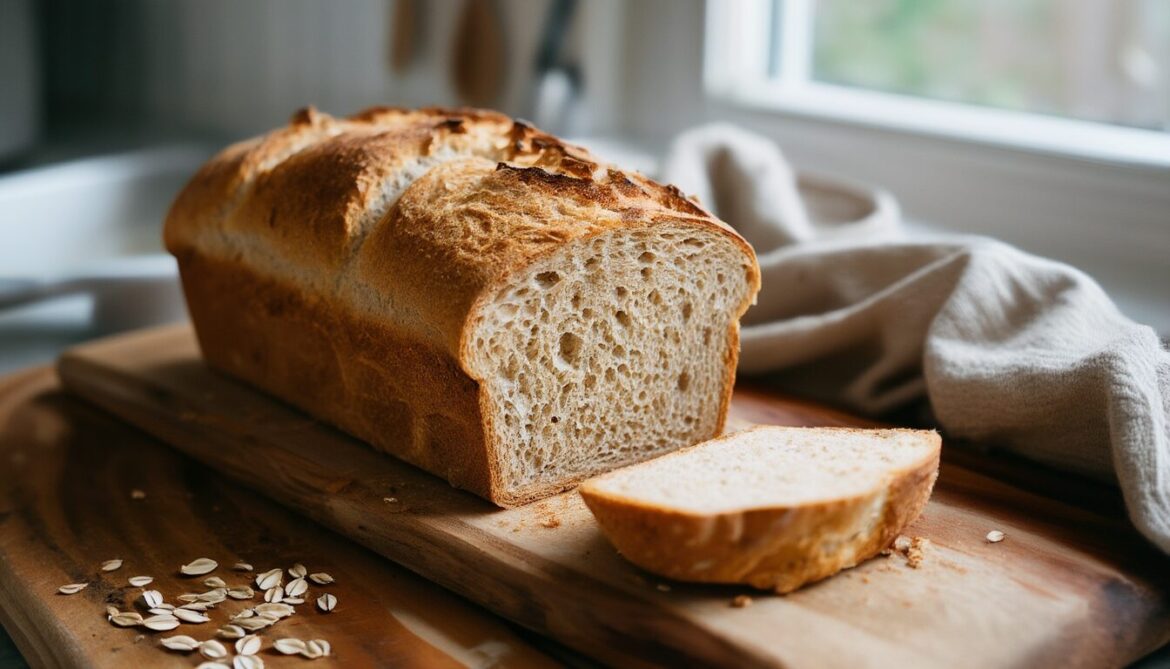 Frisch gebackenes Dinkelvollkornbrot mit knuspriger Kruste, angeschnitten auf einem Holzbrett