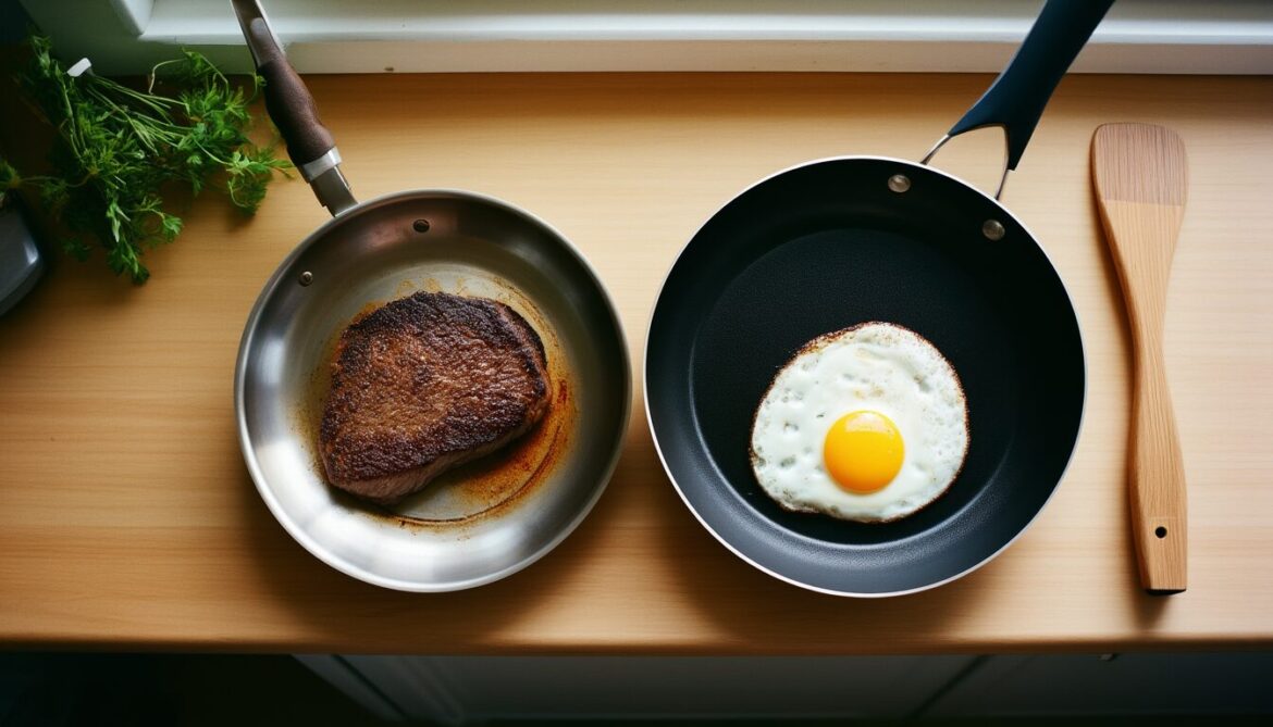 Edelstahlpfanne mit angebratenem Steak neben beschichteter Pfanne mit Spiegelei auf einer Holzarbeitsplatte