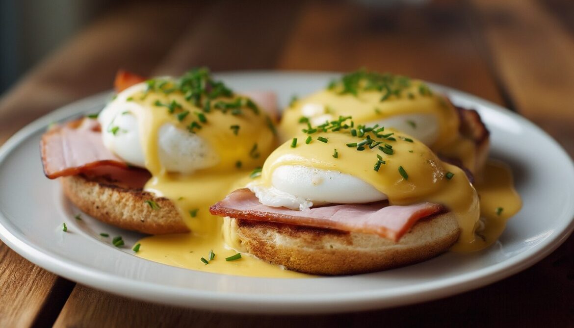 Eier Benedict mit pochiertem Ei, Sauce Hollandaise und Schinken auf englischem Muffin, garniert mit Schnittlauch