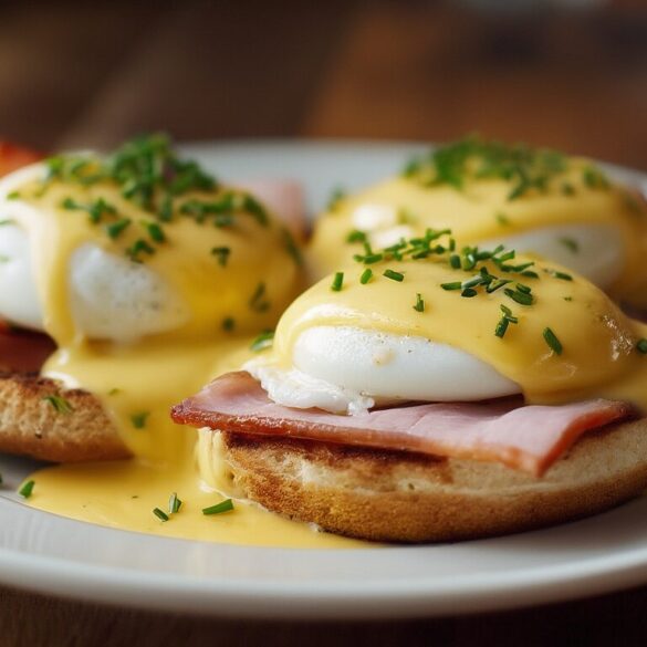 Eier Benedict: Rezept mit gelingsicherer Hollandaise Eier Benedict mit pochiertem Ei, Sauce Hollandaise und Schinken auf englischem Muffin, garniert mit Schnittlauch