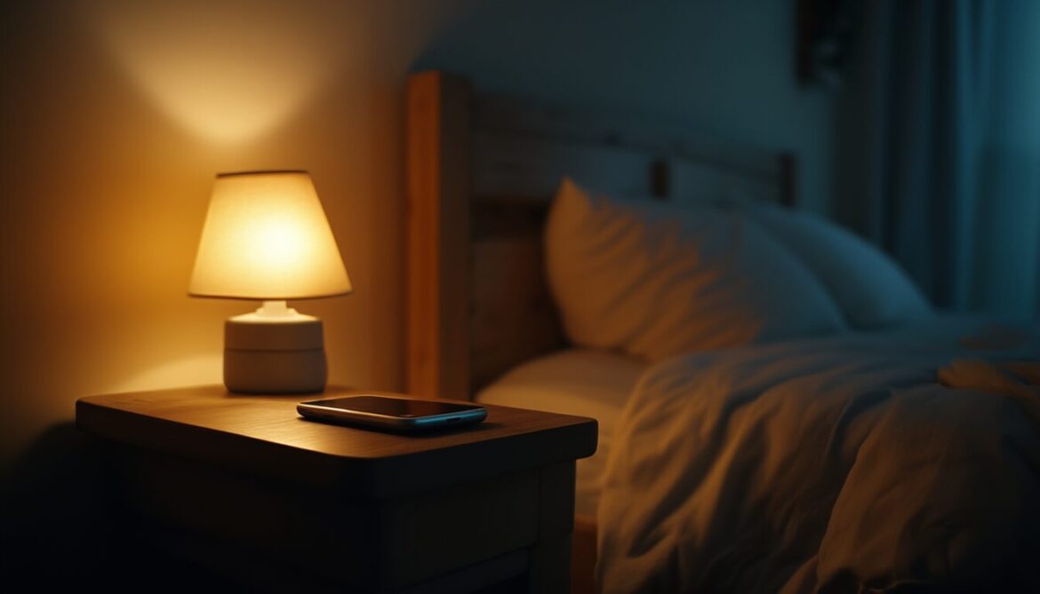 Smartphone wird abends auf dem Nachttisch abgelegt, gedämpftes warmes Licht im Schlafzimmer