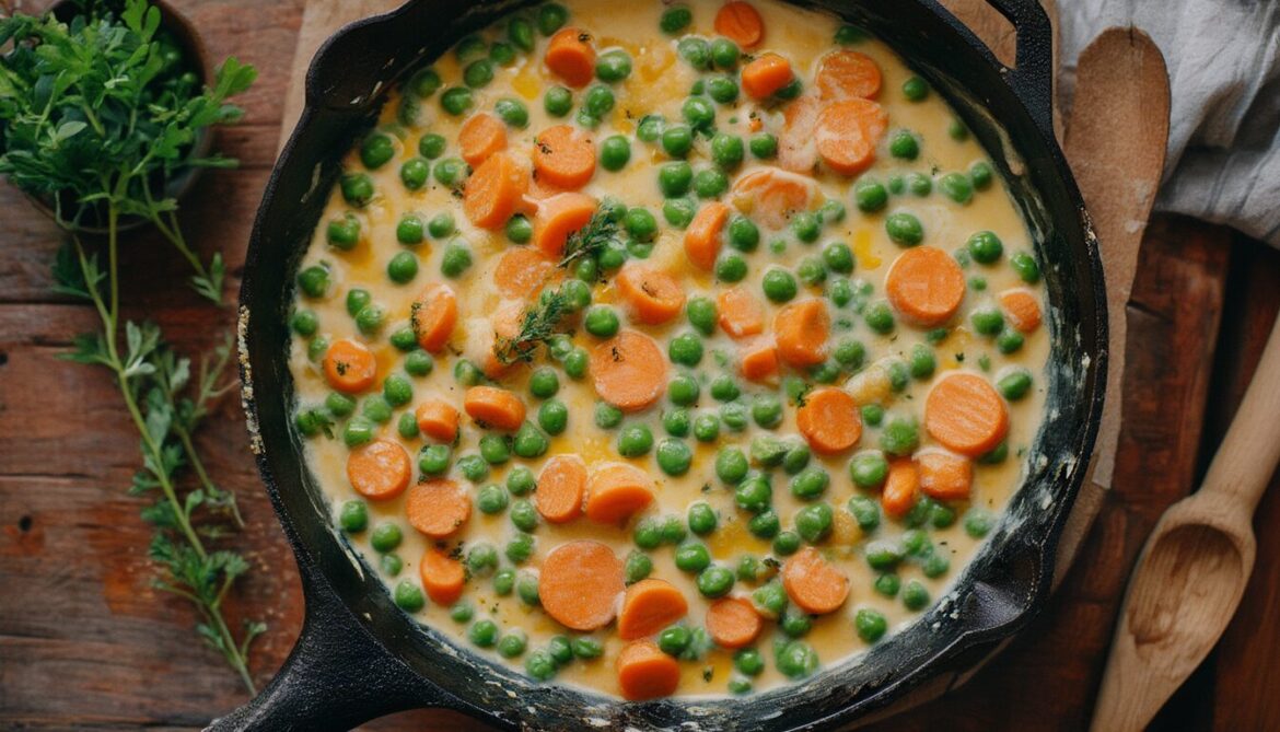 Cremige Erbsen-Möhren-Pfanne mit geschmolzenem Käse in einer gusseisernen Pfanne