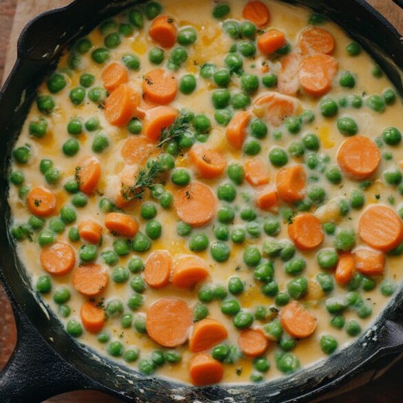 Erbsen-Möhren-Pfanne mit Käse: cremig in 20 Minuten Cremige Erbsen-Möhren-Pfanne mit geschmolzenem Käse in einer gusseisernen Pfanne