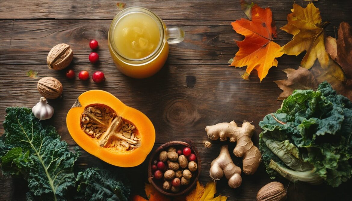Herbstliche Superfoods für das Immunsystem: Kürbis, Grünkohl, Beeren, Walnüsse, Knoblauch und Ingwer auf einem Holztisch