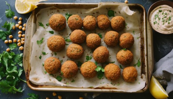 Knusprige goldbraune Falafel aus dem Ofen auf einem Backblech mit Petersilie und Tahin-Dip