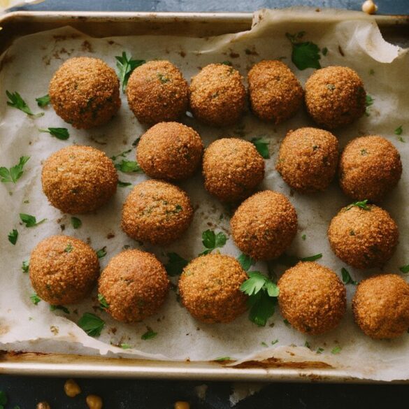 Knusprige goldbraune Falafel aus dem Ofen auf einem Backblech mit Petersilie und Tahin-Dip
