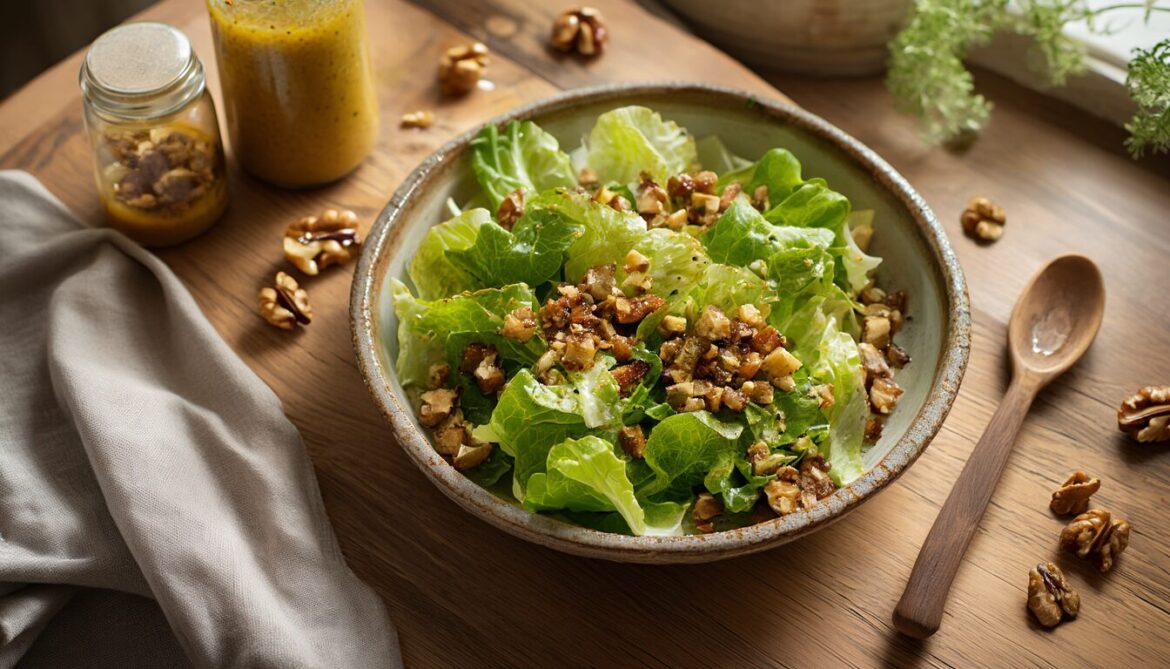 Schüssel mit frischem Feldsalat, gerösteten Walnüssen und cremigem Honig-Senf-Dressing auf einem hellen Holztisch