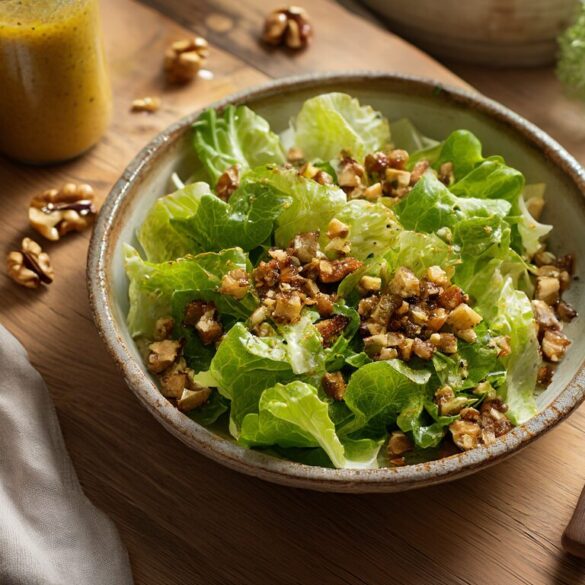 Schüssel mit frischem Feldsalat, gerösteten Walnüssen und cremigem Honig-Senf-Dressing auf einem hellen Holztisch