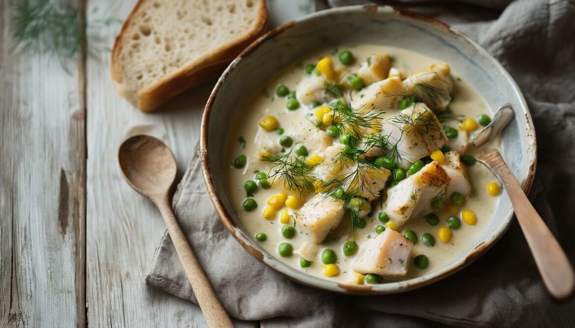 Cremiges Fisch-Frikassee mit Kabeljaustücken, Erbsen, Mais und Dill in einer rustikalen Schale
