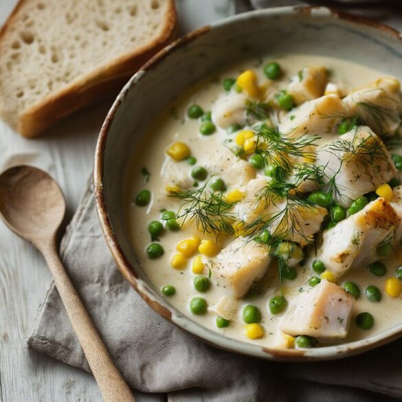 Fisch-Frikassee mit Meeresgemüse – cremig in 35 Minuten Cremiges Fisch-Frikassee mit Kabeljaustücken, Erbsen, Mais und Dill in einer rustikalen Schale