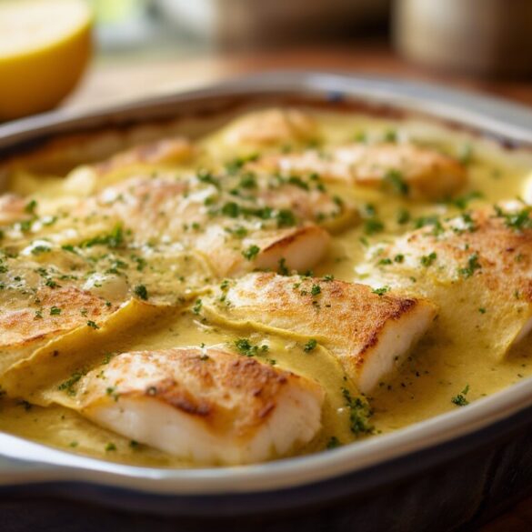 Fisch-Pfannkuchen Rezept: herzhafter Auflauf in 35 Minuten Herzhafter Fisch-Pfannkuchen-Auflauf mit Kabeljau in cremiger Senf-Sahne-Sauce in einer Auflaufform