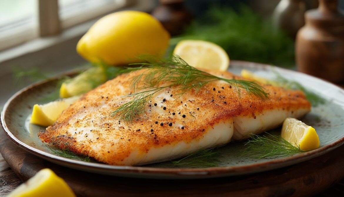 Gebratenes Seelachsfilet mit knuspriger Kruste, frischem Dill und Zitronenscheiben auf einem Teller