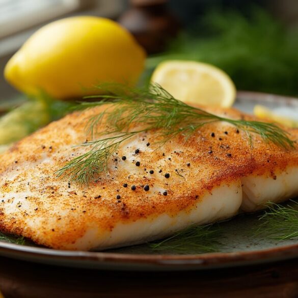 Fischbraten mit Zitrone und Dill – saftig in 20 Minuten Gebratenes Seelachsfilet mit knuspriger Kruste, frischem Dill und Zitronenscheiben auf einem Teller