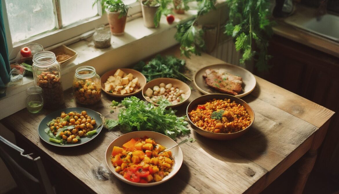 Holztisch mit pflanzlichen Gerichten wie Linsencurry, Kichererbsen und Tofu neben einer kleinen Portion Fleisch