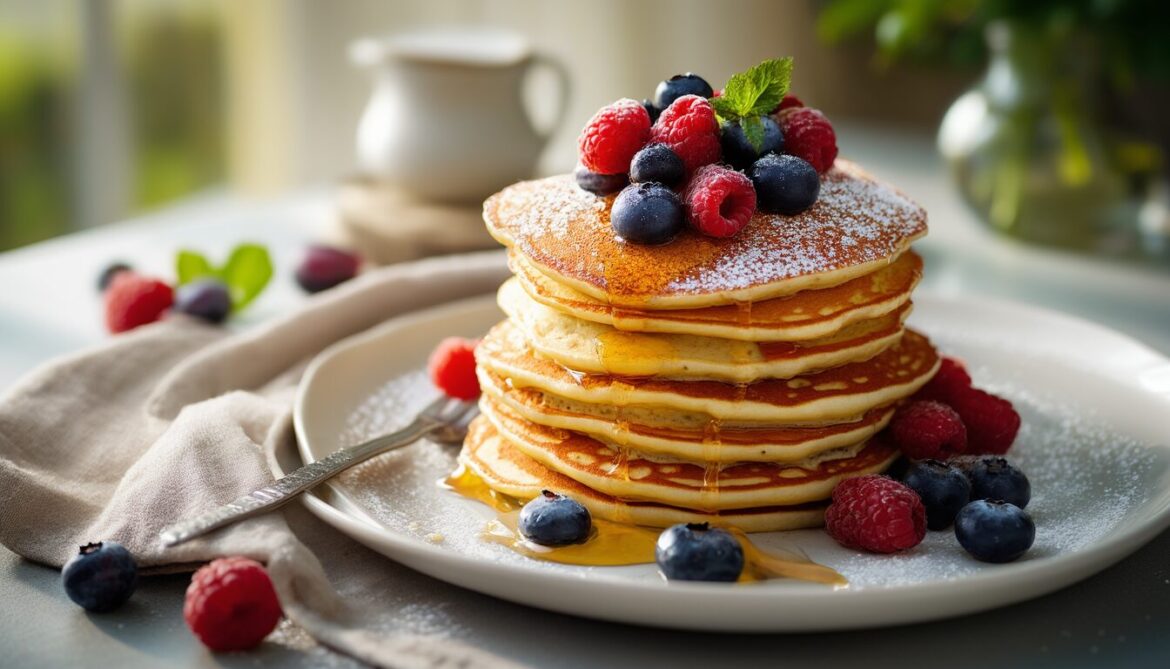 Hoher Stapel fluffiger Quark Pancakes mit frischen Beeren und Honig auf weißem Teller