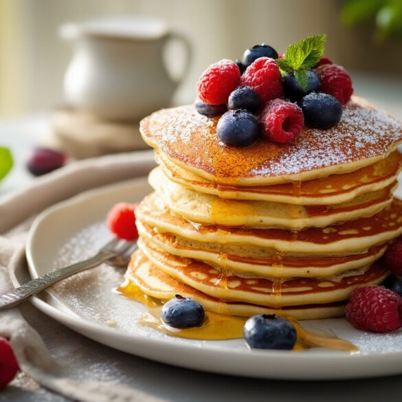 Fluffige Quark Pancakes: schnelles, eiweißreiches Frühstück Hoher Stapel fluffiger Quark Pancakes mit frischen Beeren und Honig auf weißem Teller