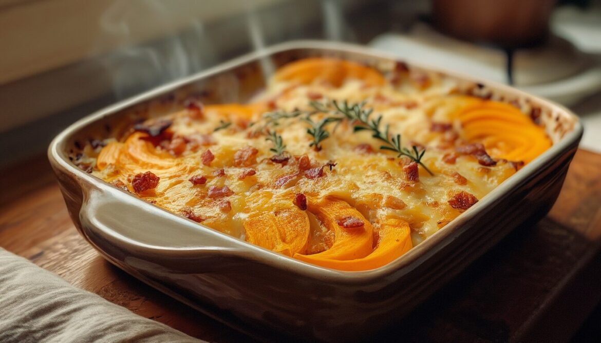 Goldbraun überbackenes fränkisches Kartoffel-Kürbis-Gratin mit Hokkaido in einer Auflaufform