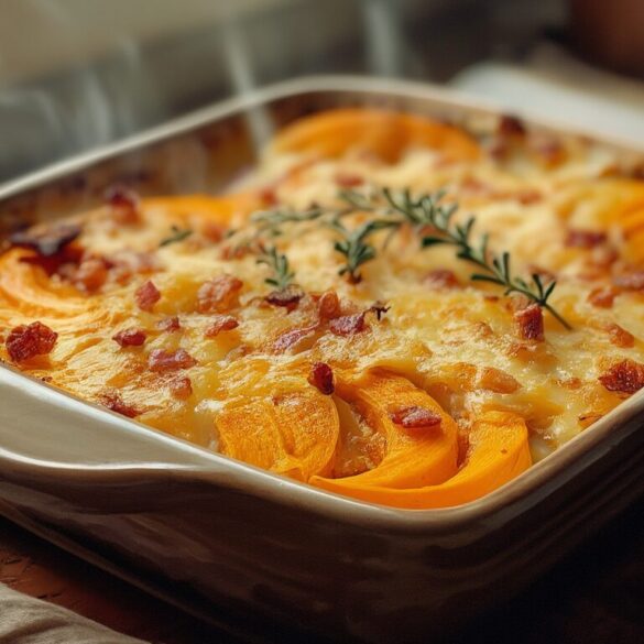 Fränkischer Kartoffel-Kürbis-Gratin mit Hokkaido Goldbraun überbackenes fränkisches Kartoffel-Kürbis-Gratin mit Hokkaido in einer Auflaufform
