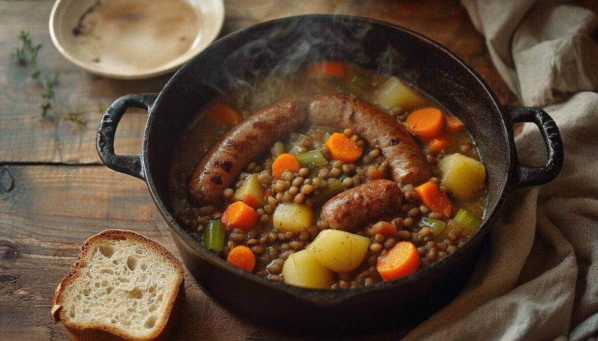 Fränkischer Linseneintopf mit Würstchenscheiben, Möhren und Sellerie in einem gusseisernen Topf
