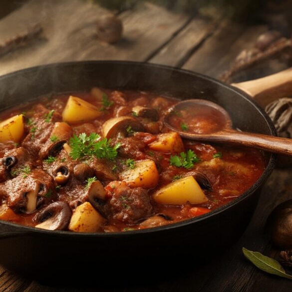 Fränkisches Wildschweingulasch mit Kartoffeln und Pilzen Fränkisches Wildschweingulasch mit Kartoffeln und Pilzen in einem gusseisernen Topf, garniert mit Petersilie