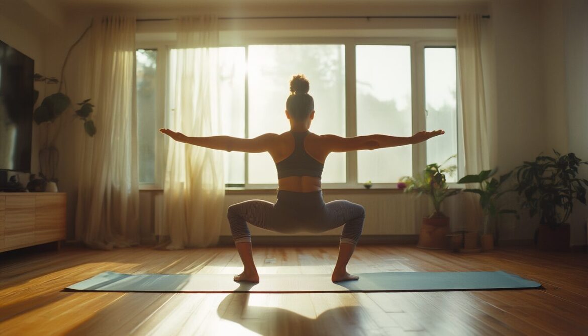 Frau macht eine Kniebeuge ohne Geräte auf einer Yogamatte im hellen Wohnzimmer