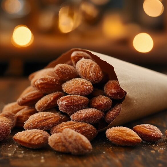 Gebrannte Mandeln wie vom Weihnachtsmarkt – einfaches Rezept Frisch gebrannte Mandeln mit glänzender Zimt-Zucker-Kruste in einer Papiertüte auf einem Holztisch