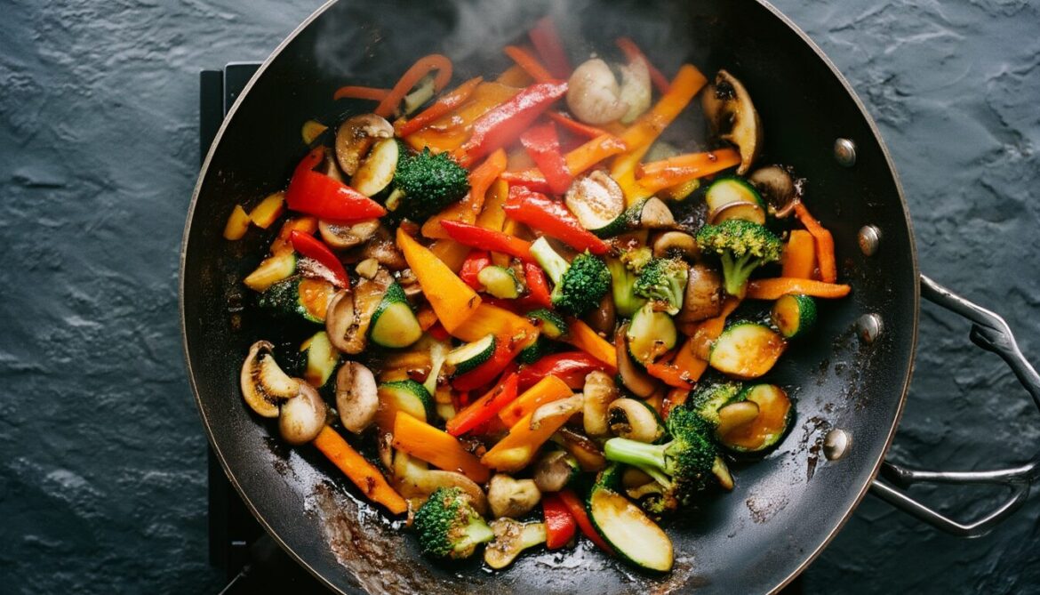 Buntes gebratenes Gemüse Asia Style mit Paprika, Karotten und Brokkoli glänzend in einem Wok