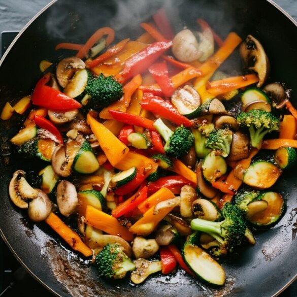 Gebratenes Gemüse Asia Style – knackig in 15 Minuten Buntes gebratenes Gemüse Asia Style mit Paprika, Karotten und Brokkoli glänzend in einem Wok