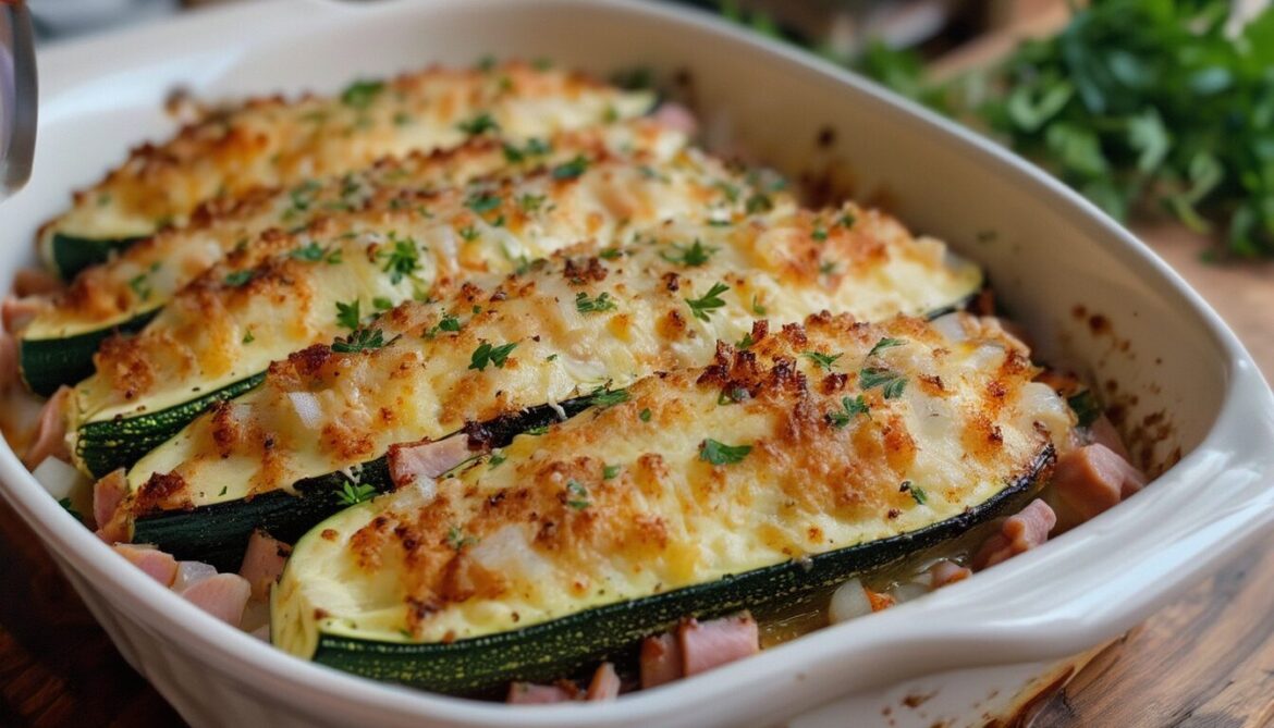 Gefüllte Zucchini mit Käse-Schinken goldbraun überbacken in einer Auflaufform