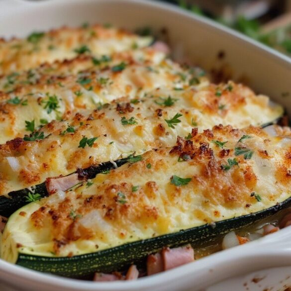 Gefüllte Zucchini mit Käse-Schinken: schnelles Ofenrezept Gefüllte Zucchini mit Käse-Schinken goldbraun überbacken in einer Auflaufform