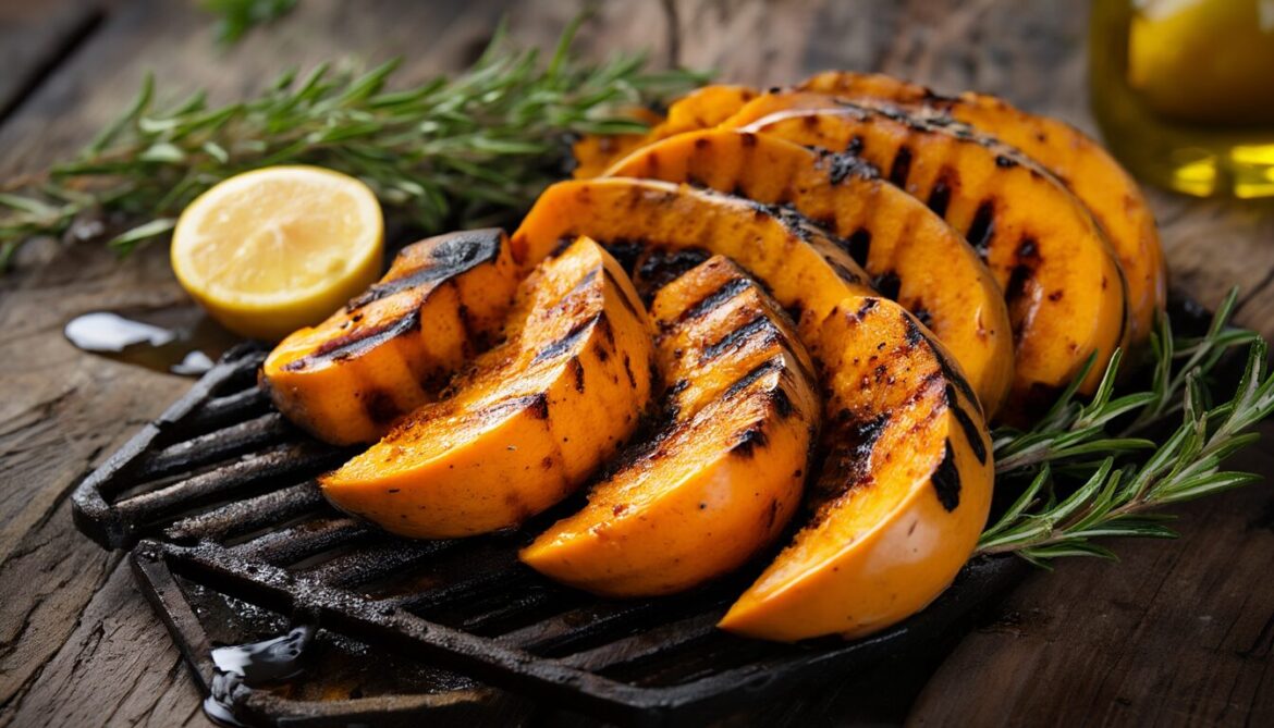 Gegrillte Hokkaido-Kürbisspalten mit Grillstreifen, Rosmarin und Zitrone auf einem Grillrost