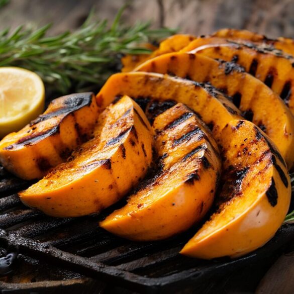 Gegrillter Kürbis: knackig in 30 Minuten – so geht’s Gegrillte Hokkaido-Kürbisspalten mit Grillstreifen, Rosmarin und Zitrone auf einem Grillrost