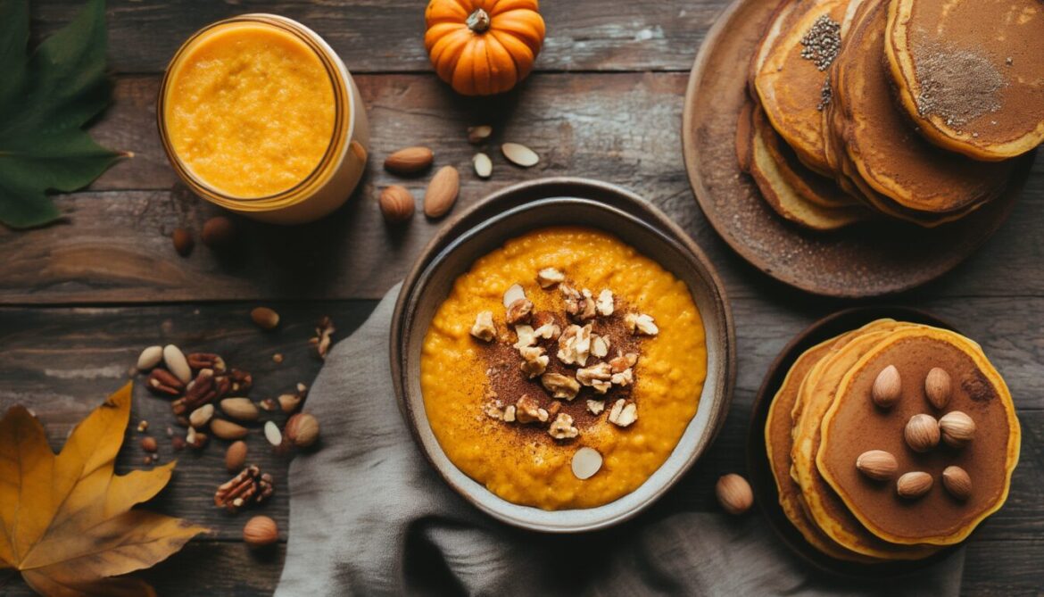 Herbstliches Frühstück mit Kürbis-Porridge, Walnüssen, Smoothie-Bowl und Pancakes auf einem Holztisch