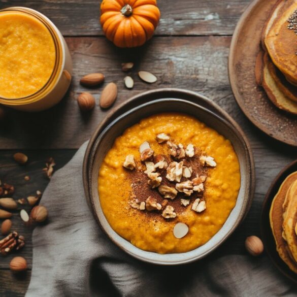 Gesunde Herbst-Frühstücksideen mit Kürbis und Nüssen Herbstliches Frühstück mit Kürbis-Porridge, Walnüssen, Smoothie-Bowl und Pancakes auf einem Holztisch
