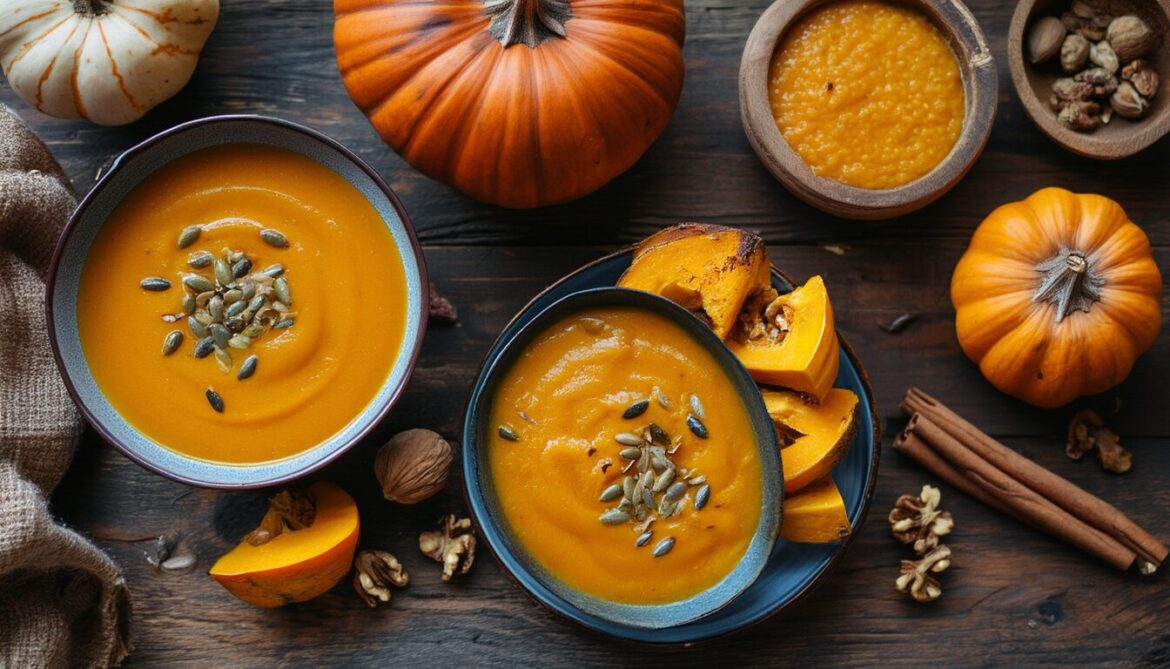 Mehrere gesunde Kürbis-Rezepte auf einem herbstlichen Holztisch: cremige Kürbissuppe, gerösteter Hokkaido, Kürbis-Porridge und ganze Hokkaido-Kürbisse