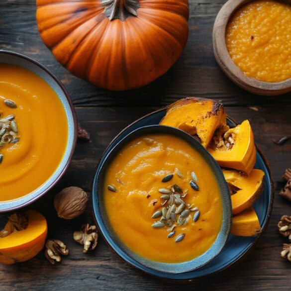 Gesunde Kürbis-Rezepte: 7 einfache Ideen für den Herbst Mehrere gesunde Kürbis-Rezepte auf einem herbstlichen Holztisch: cremige Kürbissuppe, gerösteter Hokkaido, Kürbis-Porridge und ganze Hokkaido-Kürbisse
